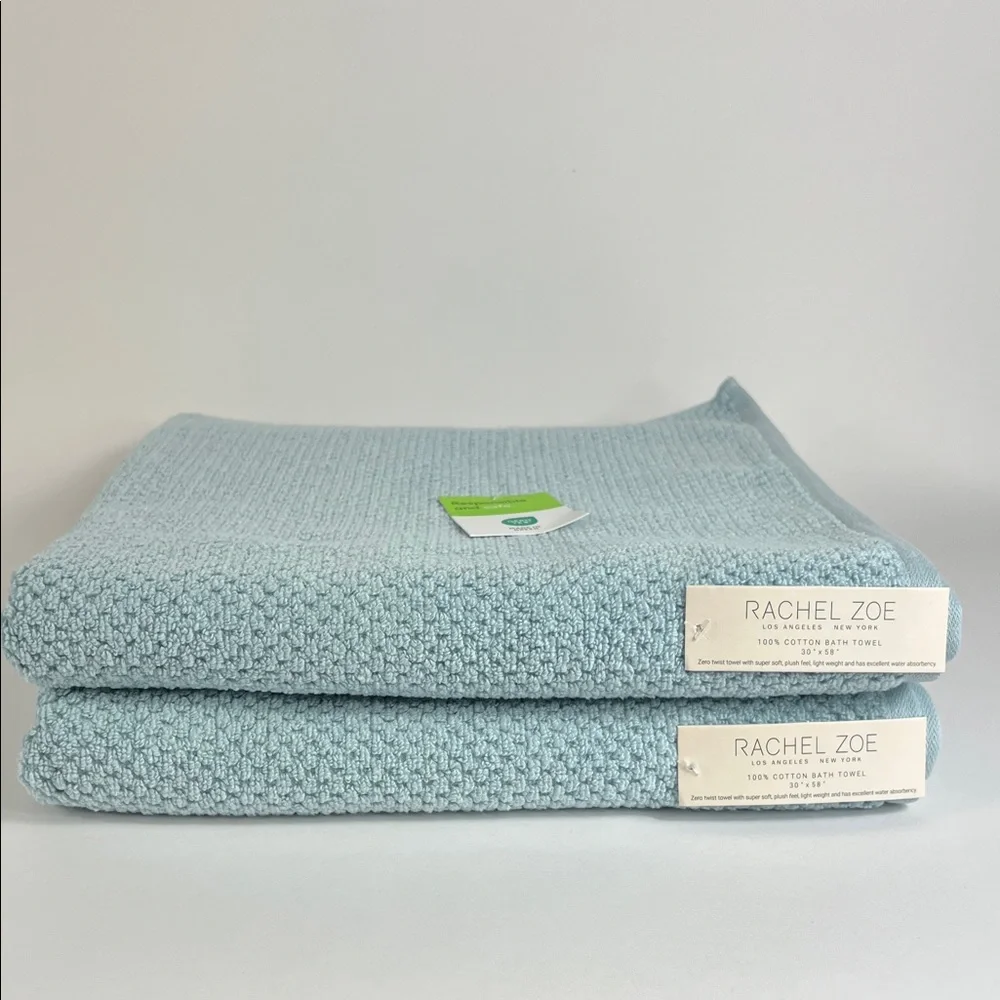 2 Pc Rachel Zoe Bath Towels Oversized Light Blue Ribbed Soft 100% Cotton NEW